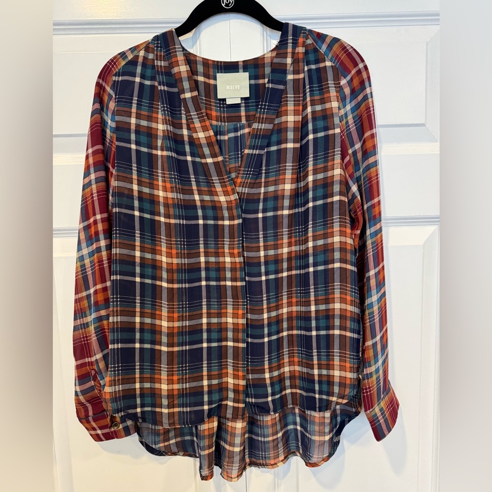 Maeve Multicolor Plaid V-Neck Blouse